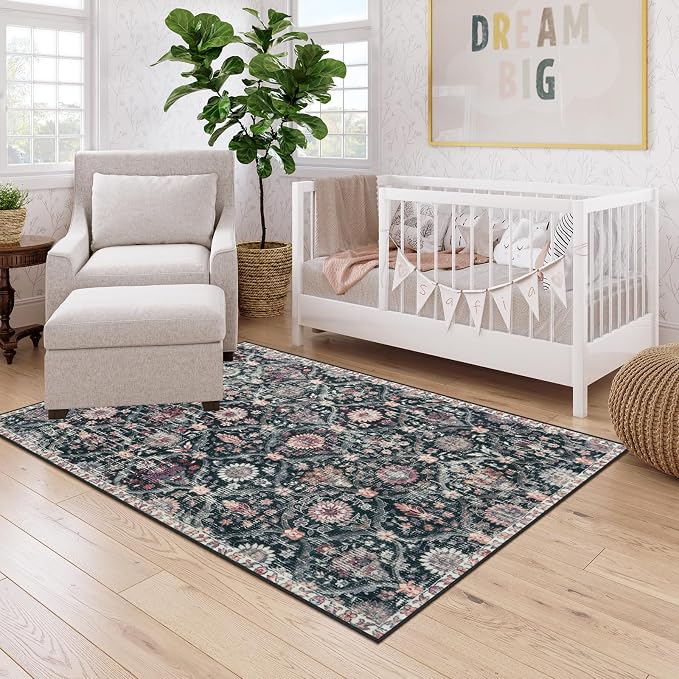 Lahome Moroccan Machine Washable Rugs for Living Room, 4x6 Rug for Bedroom Non-Slip Vintage Trellis Ultra-Thin Throw Carpet for Dining Room Office Nursery Elise, Black/Multi