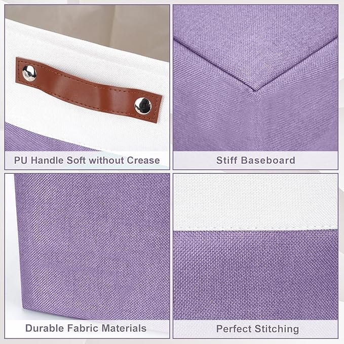 Bagnizer 13x13 Cube Storage Bins, Collapsible Fabric Storage Box, 4 Pack Closet Baskets with Handles for Organizing, Shelf, Toys, Clothes, Home, Office, Nursery (Purple&White)