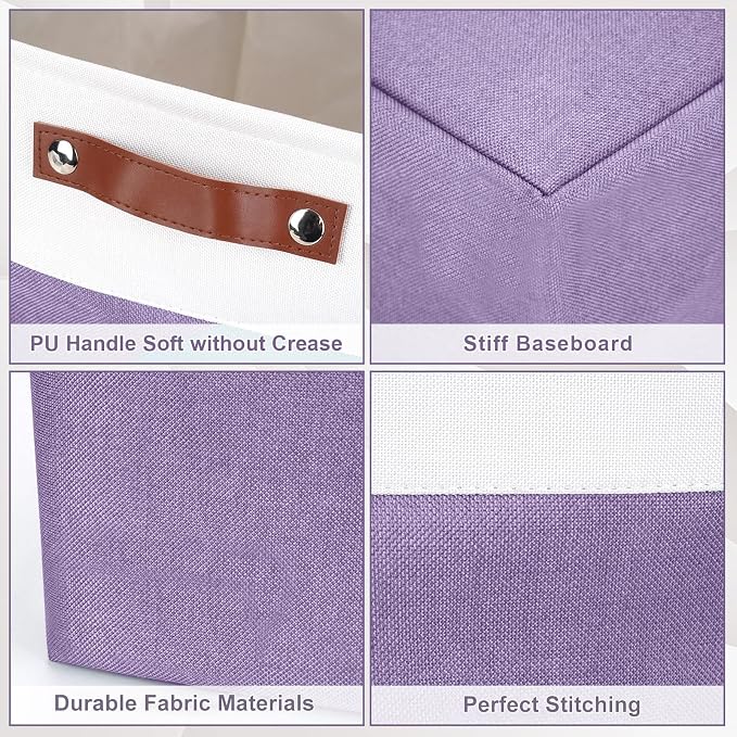 Bagnizer Collapsible Fabric Storage Cubes 11x11 Cube Storage Bins, 4 Pack Closet Baskets Box with Handles for Organizing, Shelf, Toys, Clothes, Home, Office, Nursery (Purple&White)