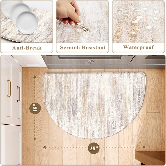 KIMODE Kitchen Mats for Floor Anti Fatigue, 18"x28" Half Round Cushioned Kitchen Floor Mat, Ergonomic Waterproof Standing Mat, Boho Kitchen Rug Non Skid for Sink Laundry Office Desk Light Brown