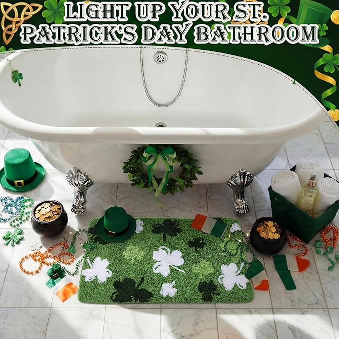 Capoda St. Patrick's Day Bathroom Rug 20 x 30 Inch Green White Shamrock Door Mat Non-Slip Washable Soft Irish Clover Welcome Floor Mat for Indoor Outdoor Home Kitchen Bathroom Decor(1 Pcs, Shamrock)