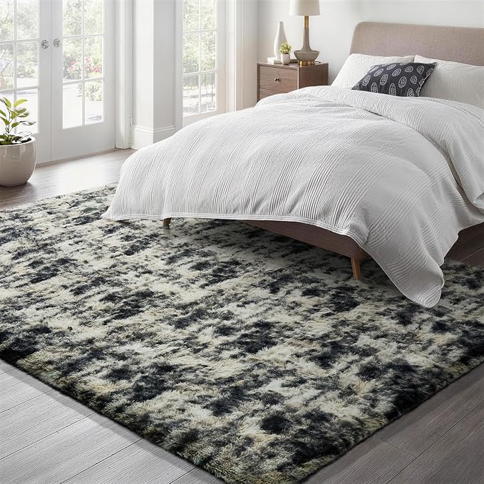 Ophanie Black Gold and Grey Area Rugs for Living Room 5x7, Dark Black Gold Fluffy Shag Large Fuzzy Plush Soft Carpets, Floor Shaggy Rugs for Bedroom, Carpet for Boys Dorm Nursery Home Decor Aesthetic