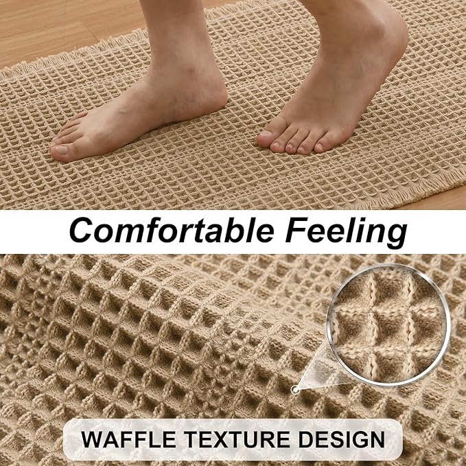 JIUZHEN Set of 2 Waffle Bath Mat Super Absorbent Bath Mats Machine Washable Waffle Rugs for Bathroom Floor Non Slip Dry Fast Bathroom Rugs for Beside Tub, 16" x 24" +20" x 32", Strip-Brown
