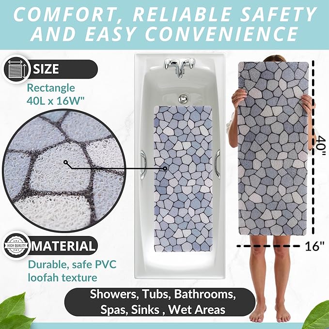 Non Slip Bathtub Mat Shower Mat for Tub - Loofah Bath Mats for Bathroom - 40x16 Bathtub Floor Mat - Textured Anti Slip Bath Mat Without Suction Cups - Secure Mat for Wet Areas (40x16 Pebble Blue)