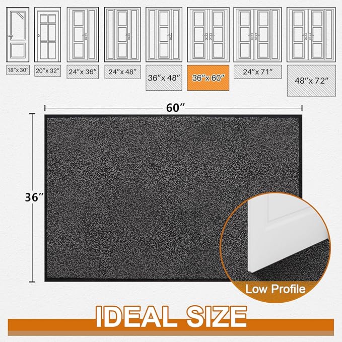 Mibao Front Door Mat Indoor Entrance, 60" x 36", Dirt Trapper Welcome Mat for Outdoor Indoor, Non-Slip Waterproof Doormat, Durable Machine Washable Low Profile Entry Rug for Back Door Outside,Grey