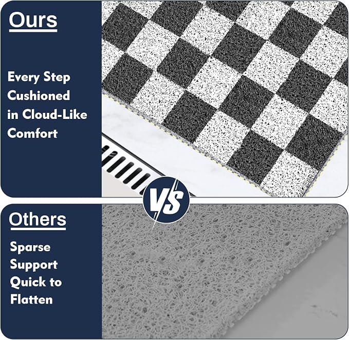 Square Loofah Shower Stall Mat 24"x24", Quick Drying Shower Mats with Drain, PVC Loofah Bath Mat for Wet Room & Bathroom Floor, Soft Textured & Elderly Safe, Washable & Resistant, Black Checkered