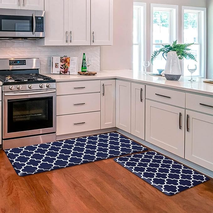 KMAT Kitchen Mat Sets [2 PCS] 0.47inch Cushioned Anti-Fatigue Area Rugs, Waterproof Non-Skid Heavy Duty PVC Ergonomic Comfort Standing Mats for Kitchen, Floor, Office, Blue