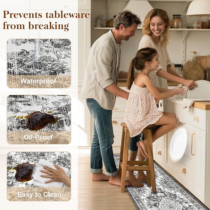 Boho Kitchen Mats for Floor 2 Piece Set Anti Fatigue Cushioned PVC Kitchen Rugs Non Slip Waterproof Farmhouse Mats 2/5 Inch Comfort Standing Mat for Sink, Laundry, 17.3"x59"+17.3"x28", Grey