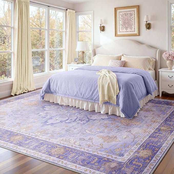 RELEANY Area Rugs 8'x10' Washable Non-Slip, Floral Vintage Distress Medallion Carpet for Living Room Bedroom Dining Room, Light Purple Brown
