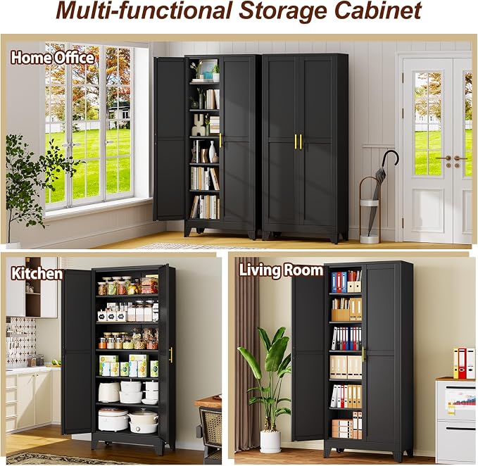 75" Black Metal Garage Storage Cabinet with 2 Doors and 5 Adjustable Shelves,Kitchen Pantry Cabinet,File Cabinet,Steel Tool Cabinet for Home,Office,Garage,School,Warehouse
