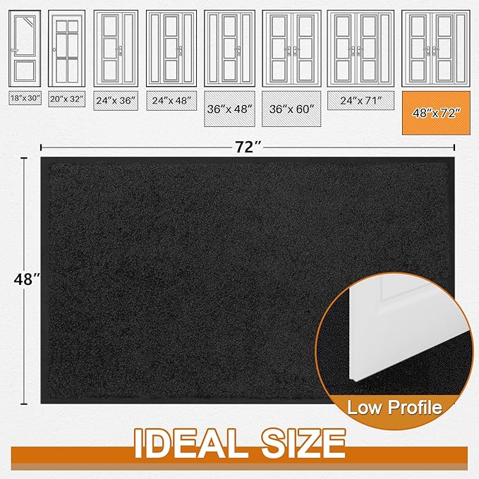 Mibao Front Door Mat Indoor Entrance, 72" x 48", Dirt Trapper Welcome Mat for Outdoor Indoor, Non-Slip Waterproof Doormat, Durable Machine Washable Low Profile Entry Rug for Back Door Outside,Black