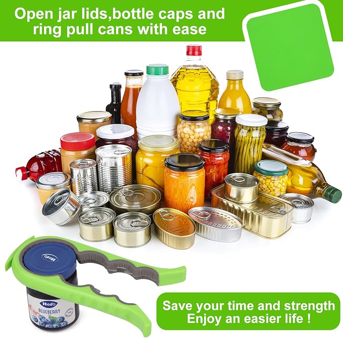 6 in 1 Lids off Jar Opener, Bottle Opener for Weak Hands, Seniors, Arthritis, Women, Kids - Multipurpose Kitchen Tool, Easy open. & Non Slip Rubber Jar opener Gripper Pad, Green