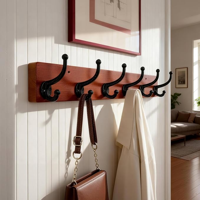 WEBI Rustic Coat Rack Wall Mount,24" Long 6 Cast Iron Coat Hooks Wall Mounted,Heavy Duty Wood Wall Coat Hanger Hooks for Hanging Coats,Jacket,Clothes,Backpack,Farmhouse,Cherry