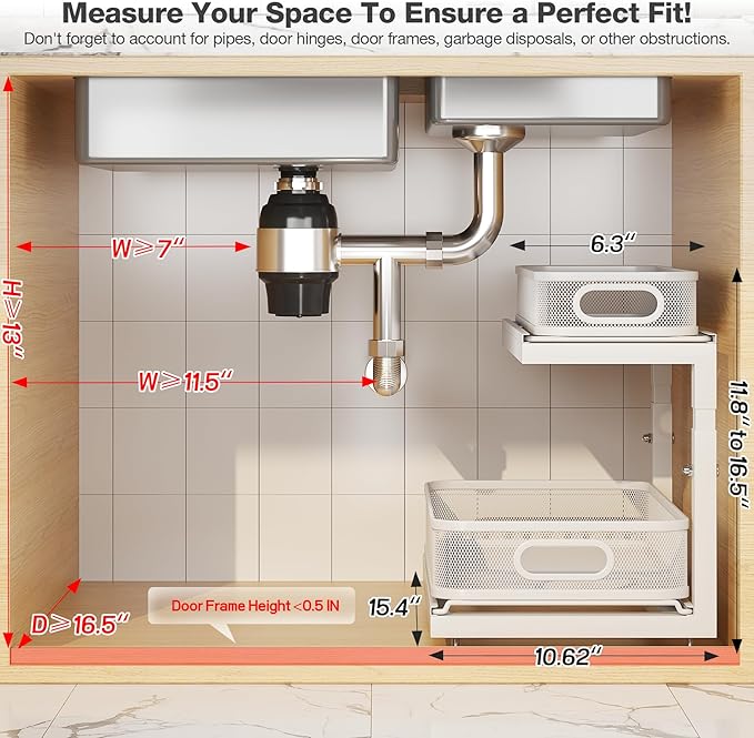 2-Pack Under Sink Storage Organizer with 2-Tier Slide Out Drawer, Sophisticated Mesh Pull Out Shelf for Kitchen & Bathroom, Fits Small Items, Upgraded Arched Track for Smooth Gliding(Patented)