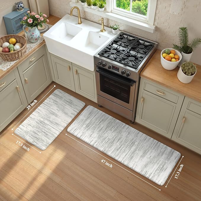 KIMODE Anti Fatigue Kitchen Mats for Floor, Abstract Farmhouse Kitchen Rugs, Cushioned Kitchen Floor Mats, Comfort Standing Mat for Sink, Laundry, Office, Desk Multi-Grey 17"x47"+17"x29"