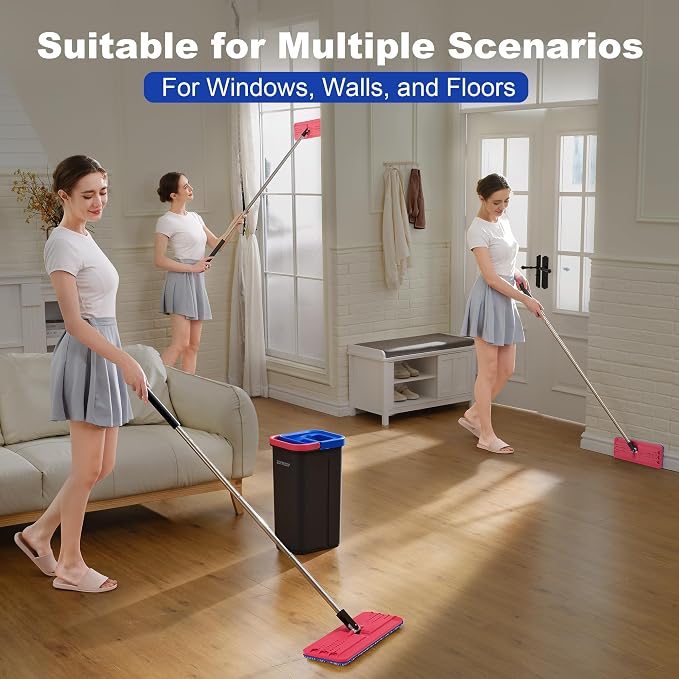 JOYMOOP Flat Mop System, Microfiber Mop and Bucket Set, Black, Household & Commercial Floor Cleaning System for Hardwood, Tile & Glass, Wet Dry Use, 60" Handle, 3 Pads