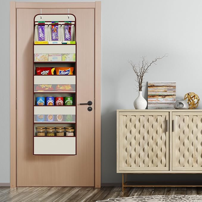 Univivi 5-Shelf Fabric Door Storage Over Door Hanging Organizer with 4 Large Pockets and 3 Small PVC Pockets Nursery Closet Cabinet Wall Mount Hanging Storage Organizers for Baby Nursery (Beige)