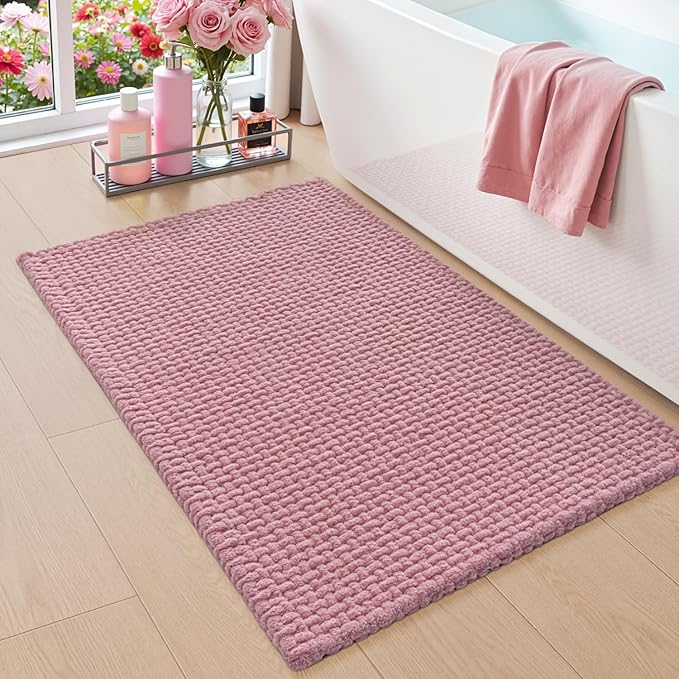 DEXI Bathroom Rugs 32x20, Non Slip Washable Bath Mat, Absorbent Chenille Bathmat, Ultra Soft Thick Carpet for Tub Shower Floor, Pink