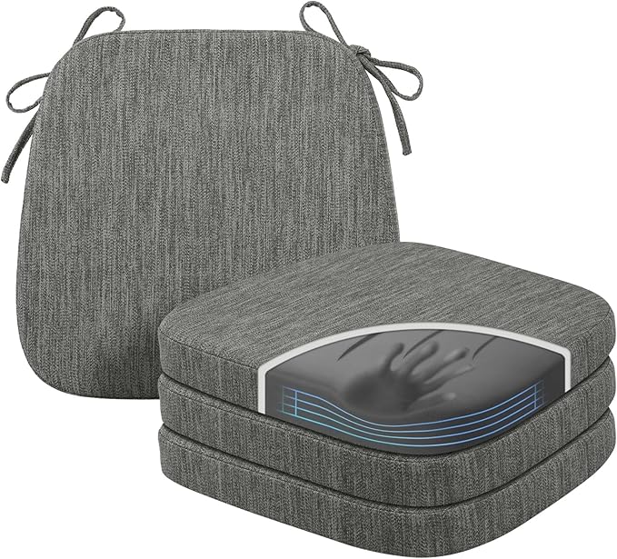 baibu Kitchen Chair Cushions Set of 4, Dual-Layer Patented Design Memory Foam Dining Chair Pads with Ties and Washable Cover, 4 Pack, 17" x 16" x 2", Grey