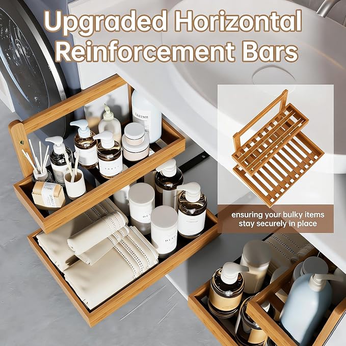 Bamboo Under Sink Organizer - 2 Tier Pull Out Cabinet Shelves with Adjustable Height, Undersink Storage Slide Out for Kitchen Bathroom Cabinet Pantry