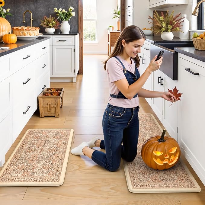 Collive Fall Kitchen Mats Cushioned Anti Fatigue, Vintage Floral Kitchens Rugs Set of 2 Brick Red Non Slip Floor Carpet, Waterproof Sink Mat Foam Comfort Standing Rug for Home Decoration