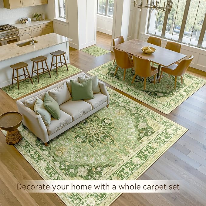 RELEANY Area Rugs Runner 2'x10' Washable Non-Slip, Floral Vintage Distress Medallion Carpet for Kitchen Hallway Bedroom Beside Laundry Room Bathroom, Sage Green Yellow