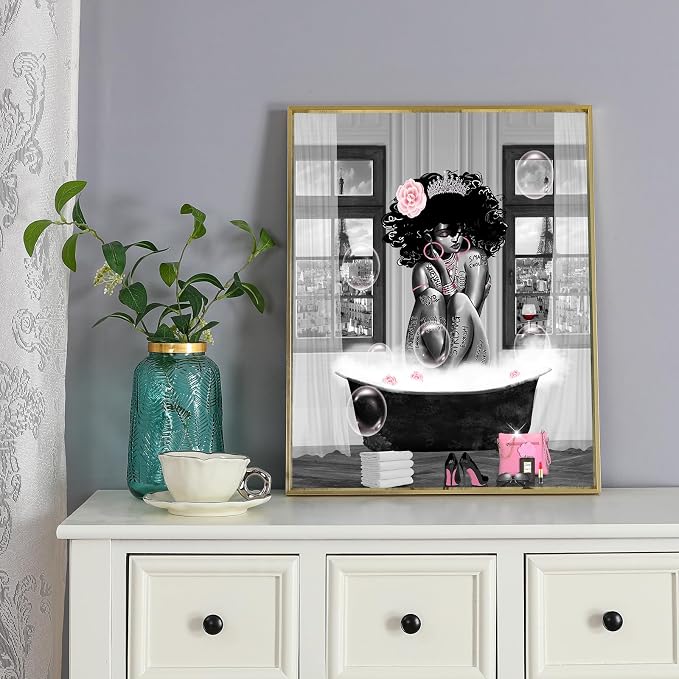 5Pcs Black Girl Shower Curtain Set with Decorative Painting, African American Wall Painting Bathroom Sets with Shower Curtain and Rugs, Trendy Women’s Bathroom Pictures for Wall Art Decor