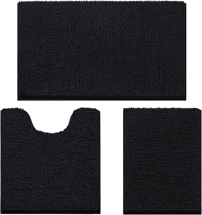 HOMEIDEAS 3 Pieces Bathroom Rugs, Ultra Soft Non Slip Absorbent Chenille Toilet Bath Mat Set (Black)