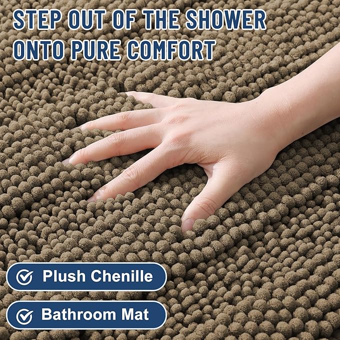 Grandaily Chenille Striped Bathroom Rugs 30x20, Extra Thick and Absorbent Bath Mats, Non-Slip Soft Plush Shaggy Shower Carpet, Machine Wash Dry, Bath Rug for Bathroom, (Medium, Camel)