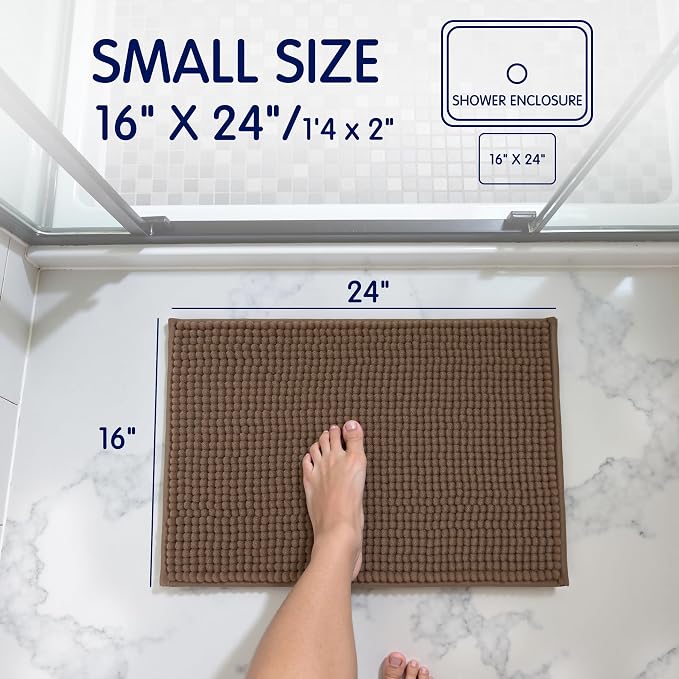 SUBRTEX Bathroom Rugs Chenille Bath Rug Soft Short Plush Bath Mat Soft Shower Mat Water Absorbent Shower Mat Quick Dry Machine Washable(Brown,18" x 24")