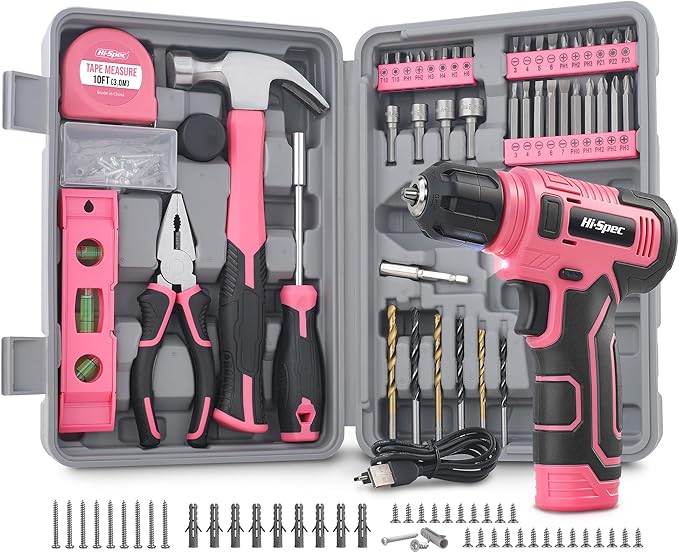 Hi-Spec 8V Cordless Drill Set & Tool Kit for Women – Ladies Complete Rechargeable Electric Power Drill Driver with Starter Tools, Compact Hand Toolbox, Pink, Ideal for Home Projects