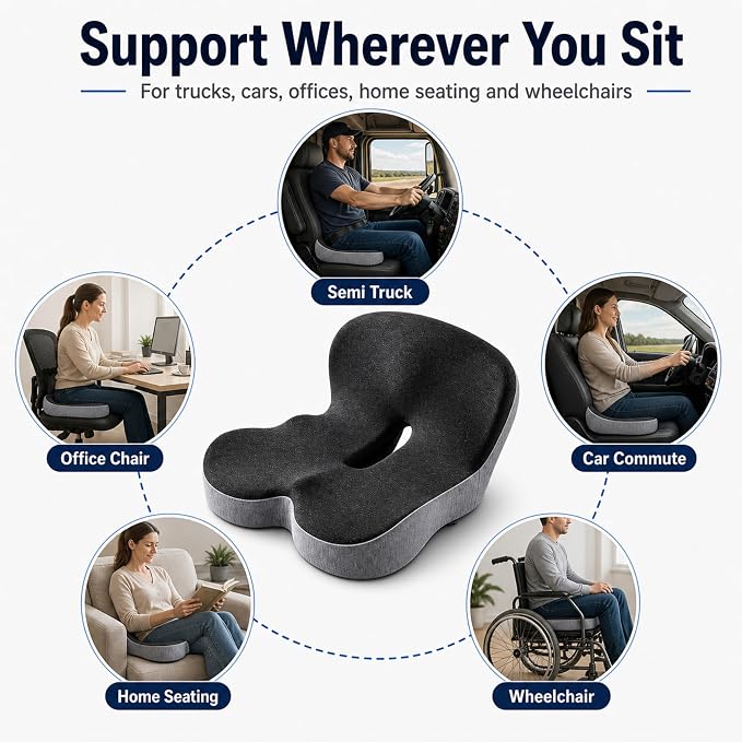 Orthopedic Cushion for Car, Extra Wide Thick Seat Cushion for Long Haul Driving with High Density Support and U-Shaped Tailbone Relief for Truck Drivers and Commuters (Dark Grey)