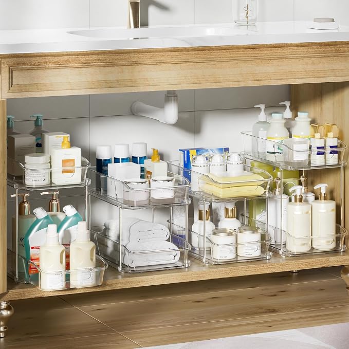 Delamu 2-Tier Under Sink Organizers and Storage, Multi-Purpose Stackable Bathroom Cabinet organizers, Pull Out Kitchen Pantry Organization and Storage with Dividers(4 Pack, Clear)