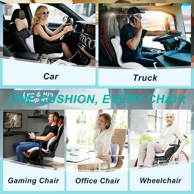 Seat Cushion for Office Chair and Car, Lumbar Support Pillow for Office Chair, Memory Foam Ergonomic Seat Cushion for Long Sitting, Back & Tailbone Pain, Sciatica - Purple & Gray