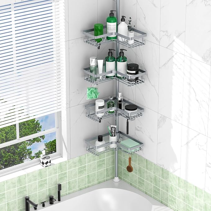 DAOYA Corner Shower Caddy Tension Pole, 4-Tier Rustproof Adjustable Bathroom Organizer for Renters, 25–114.2 Inch for Bathtub Shampoo Storage, Light Gray