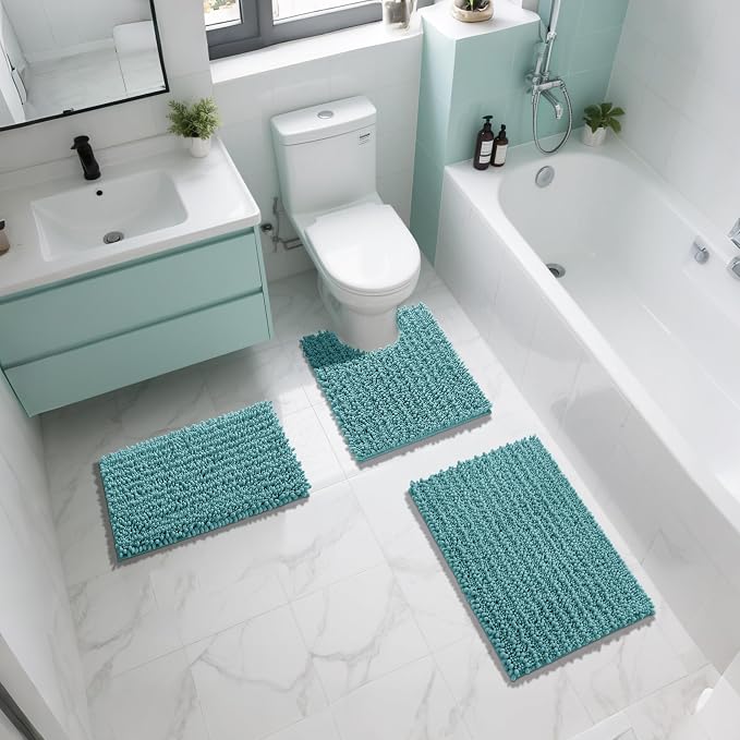 Yimobra Bathroom Rugs Non Slip Washable 24x17 Inch - Ultra Soft Absorbent Chenille Bath Mat, Quick Dry Shaggy Floor Carpet for Tub Shower, Teal Blue Home Decor Accessories