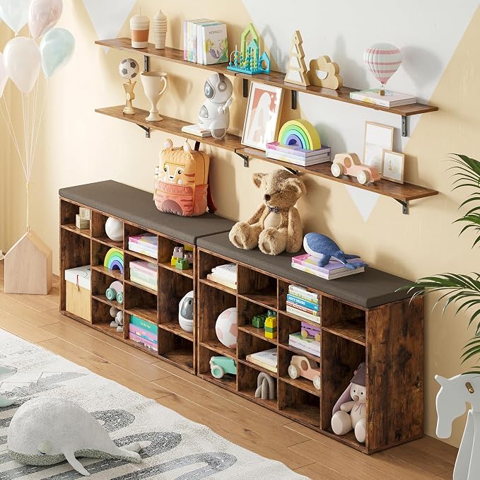 DINZI LVJ Shoe Storage Bench with Cushion, 14-Cubby Shoe Rack, Adjustable Shelves, Multifunctional Shoe Organizer Bench for Entryway, Mudroom, Hallway, Living Room, Bedroom and Garage, Rustic Brown