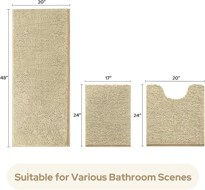 HOMEIDEAS 3 Pieces Bathroom Rugs, Extra Large Ultra Soft Non Slip Absorbent Chenille Toilet Bath Mat Set (Beige)