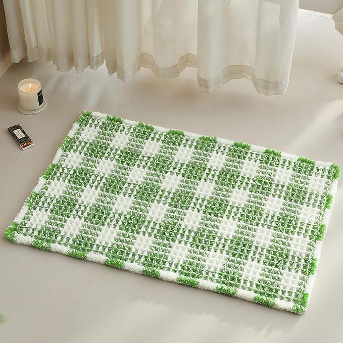 TYUU Waffle Bath Mat, Boho Bathroom Rugs Non Slip Washable Absorbent Checkered Bathroom Mat Quick Dry Cute Christmas Bath Mat, 30"x20" Green and White
