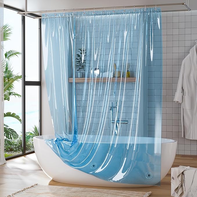 Titanker Shower Curtain Liner, Plastic Shower Liner PEVA 72 x 72 Lightweight Waterproof Shower Curtains for Bathroom with Magnets and Rustproof Grommets, Clear Blue