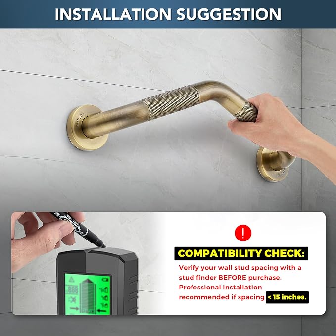 Grab Bars for Bathtubs and Showers- 1-1/4 x 16 Angled Shower Grab Bar for Seniors Knurled Stainless Steel Handicap Grab Bars for Wall (Antique Bronze, 1 Pack)