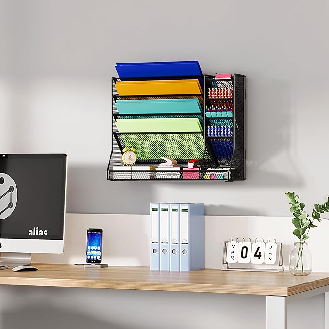 Jakyitvi File Organizer Wall Mounted, 4 Tiers Durable Adjustable Metal Desk Organizer, Desktop Hanging File Holder with 4 Pen Slots Stable, 4 Pull-Out Divider for File, Mail, Black, Patent Pending
