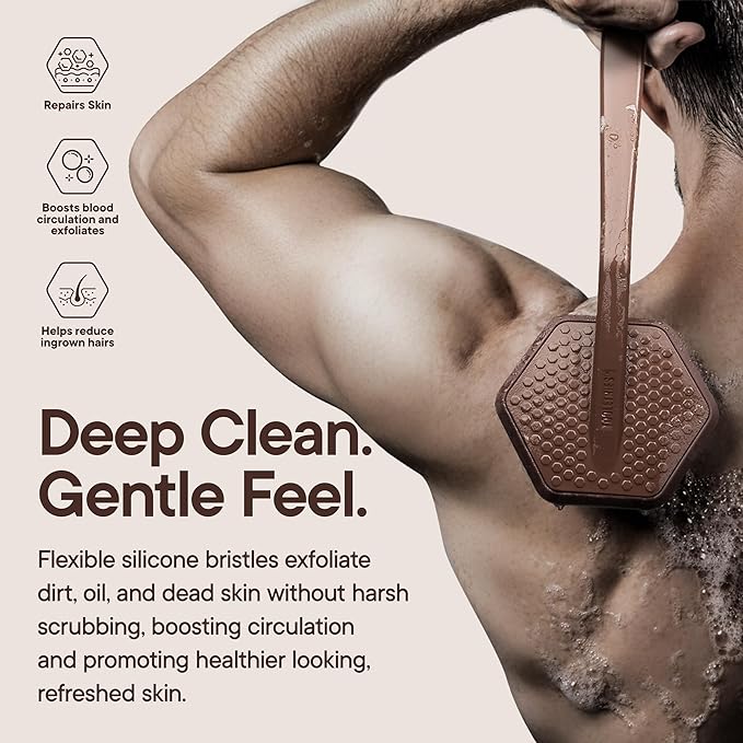 TOOLETRIES Silicone Back Scrubber for Shower, Exfoliating Body & Bath Brush, Long Ergonomic Handle, Non-Slip Grip for Hard-to-Reach Areas, Hygienic Silicone Bath Accessory for Men & Women - Chocolate