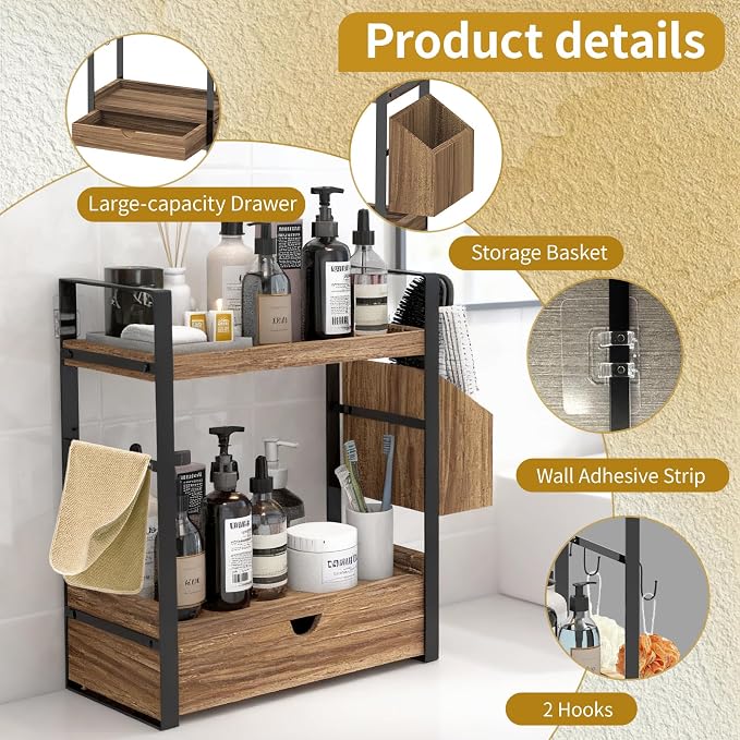 2-Tired Bathroom Counter Organizers and Storage, Bathroom Countertop Organizer with Drawer, Solid Wood Skincare Perfume Organizer for Vanity Kitchen Corner Shelf Office Countertop (Drak Brown)