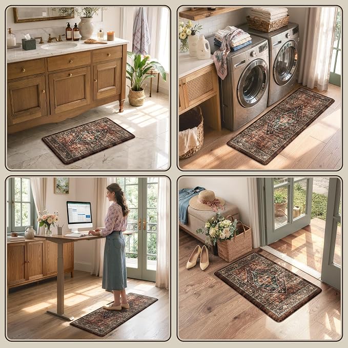 KIMODE Kitchen Mats for Floor Cushioned Anti Fatigue, Floral Kitchen Rugs Sets of 2, Brick Rugs for Kitchen Floor, Comfort Kitchen Floor Mats, Ergonomic Standing Desk Mat for Sink Laundry Room Decor