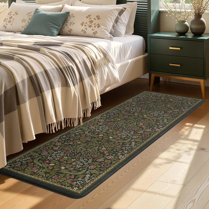 Collive Kitchen Mats for Floor, Cushioned Anti Fatigue Mat Green Floral Rugs Non Skid Waterproof Sink Rug, Memory Foam Comfort Standing Mat for Office, Laundry, Desk, 24''x71''