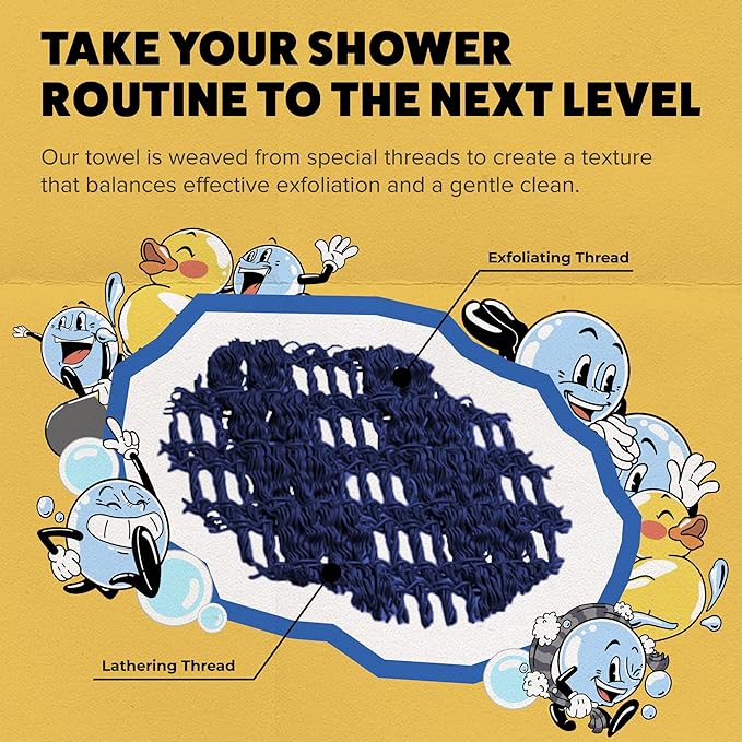GOSHI Exfoliating Shower Towel - Long Body Scrubber for Back Acne, KP & Smooth Skin - Durable Rip-Resistant Weave, Quick-Dry Nylon Washcloth - Ethically Crafted in Gunma, Japan - Blue