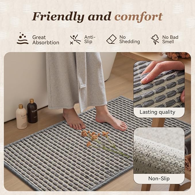 AMOAMI Unique Woven Bathroom Runner Rug, Super Absorbent Non Slip Bath Mats for Bathroom Textured Bathroom Mat Quick Dry Boho Rugs Runners for Hallyways Kitchen Bedroom Beside Tub, 2' x 6', Grey