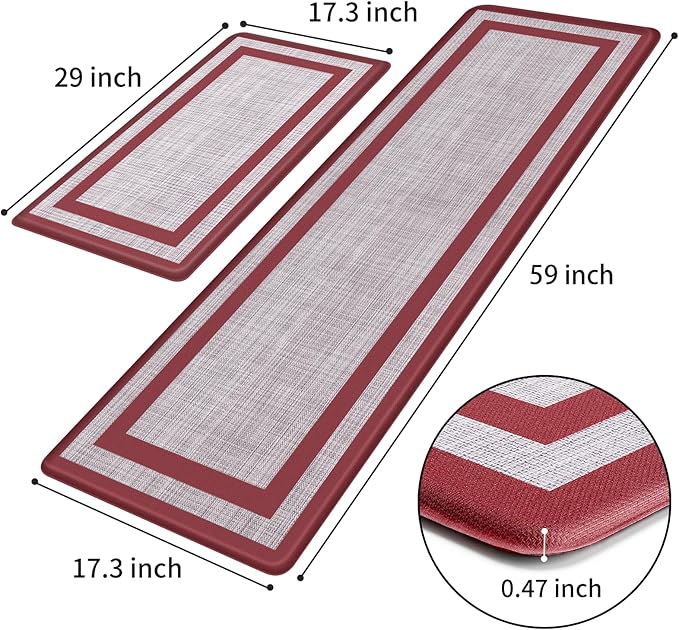 Mattitude Kitchen Mats Set of 2 Cushioned Rugs 0.47 inch Thick Anti-Fatigue Mats for Kitchen Floor,Waterproof Non-Slip Mats and Rugs Set for Office,Floor,Laundry 17.3"×29"+17.3"×59",Red
