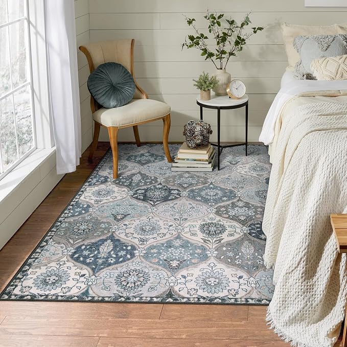 Lahome Moroccan Trellis Washable Rugs, 3x5 Area Rug for Bedroom Living Room, Indoor Non-Slip Small Oriental Accent Throw Carpet for Kitchen Entryway Bathroom Office Elise, Blue